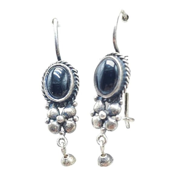 Westport 925 Sterling Silver Black Onyx Rice Pearl Dangle Drop Earrings Vintage - Picture 5 of 5